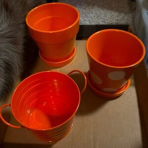 3 Orange porcelain & metal flower pots